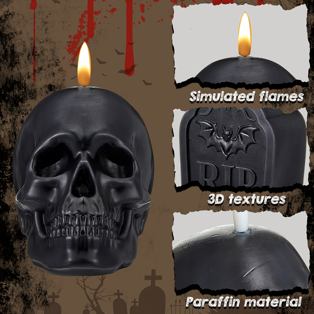 4 Set Black Wax Flameless Halloween Tombstone Rip Skull Pillar Real Wax Dripping Black Flame Gothic Candles For Halloween Party Home Decor