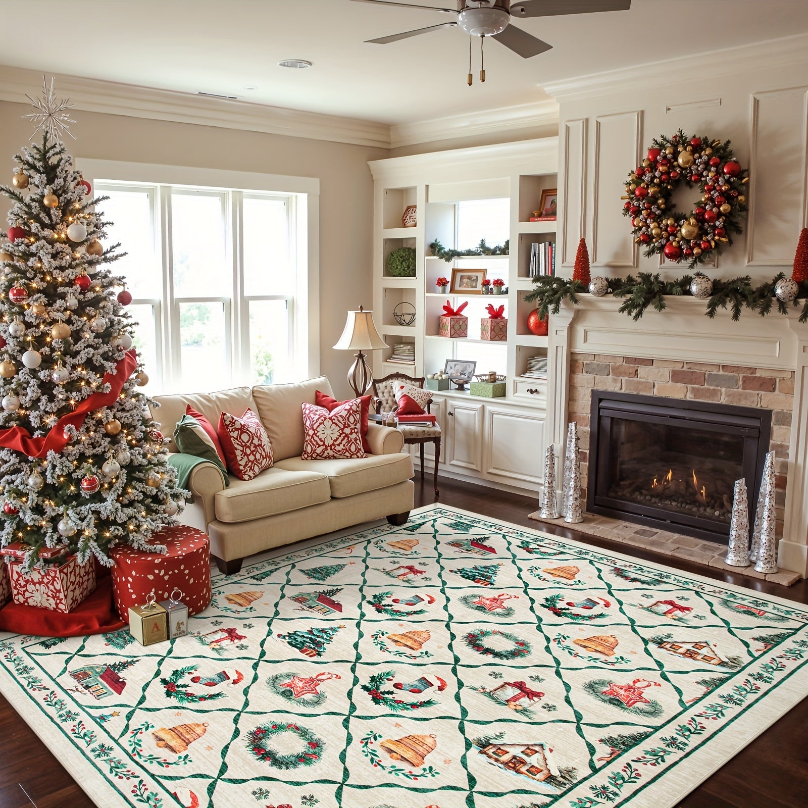 Christmas Area/Runner Rugs for Living Room, Washable Rug Carpet, Non-Slip Low Pile Soft Flowers And Plants Moroccan Holiday Xmas Decor Throw Mat for Living Room/Bedroom/Kitchen
