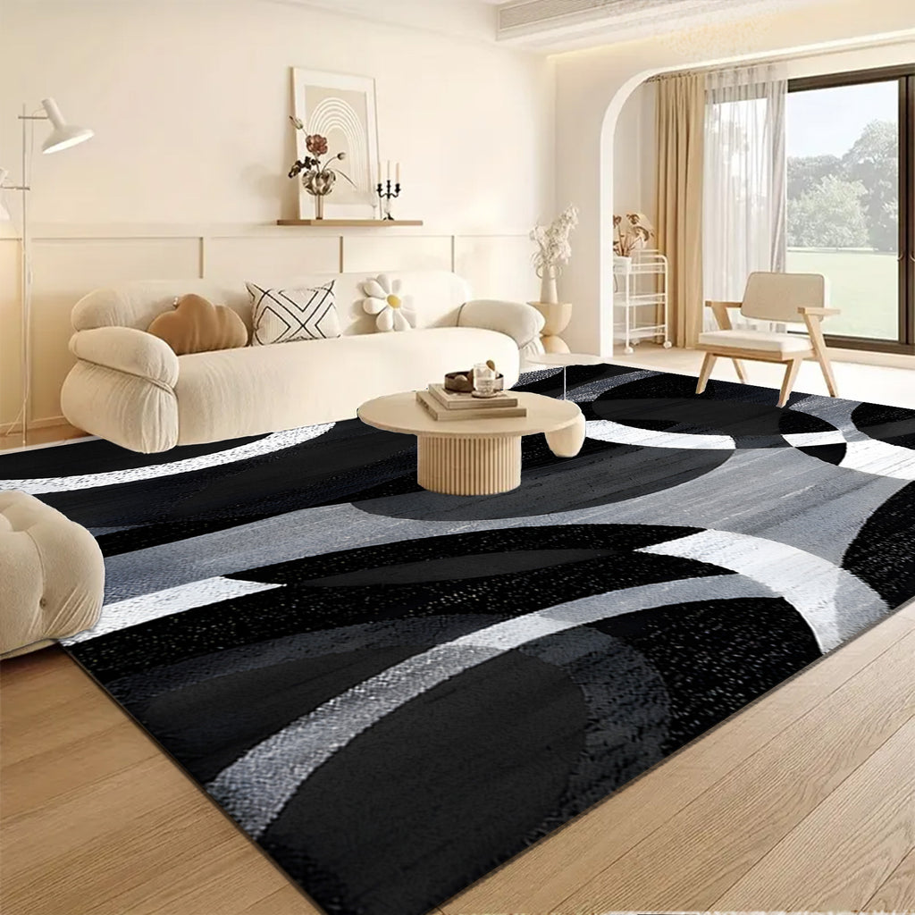 850gsm Velvet Area Mat - Modern Abstract Black & White Circular Pattern, Machine Washable Non-Slip Thick Pile, Ultra-Soft Durable Mat for Living Room Bedroom Entryway, Contemporary Home Decor, Large Area Rugs Living Room, Ent