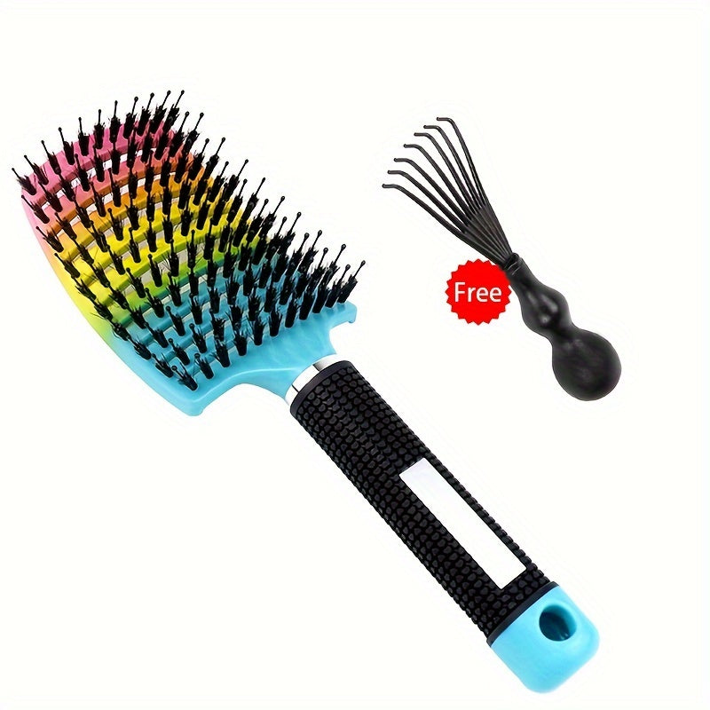 2pcs/Set Hair Brush And Cleaning Brush Set, Bristle&Nylon Detangle Curved Vented Hair Brush, Scalp Massage Hair Comb, Hairdressing Styling Tools