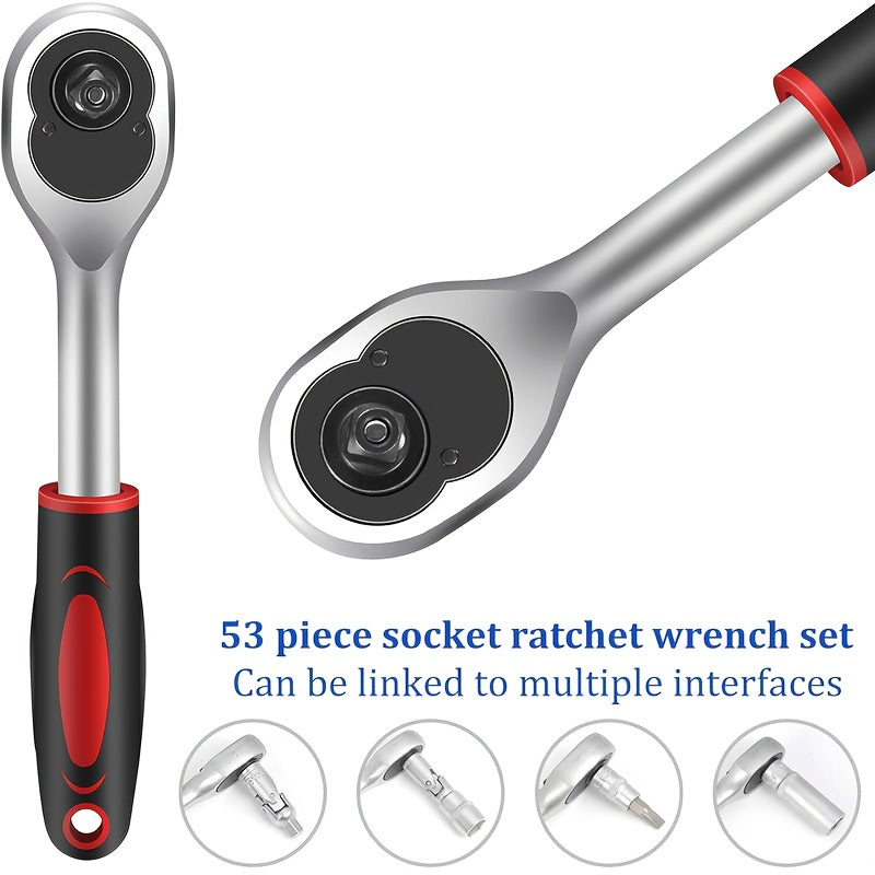A Collection of 53 Mechanical Tool Kits, Including 1/2" And 1/4" Drive Depth And Standard Sockets, Ergonomic Handles, Ratchet Wrenches,