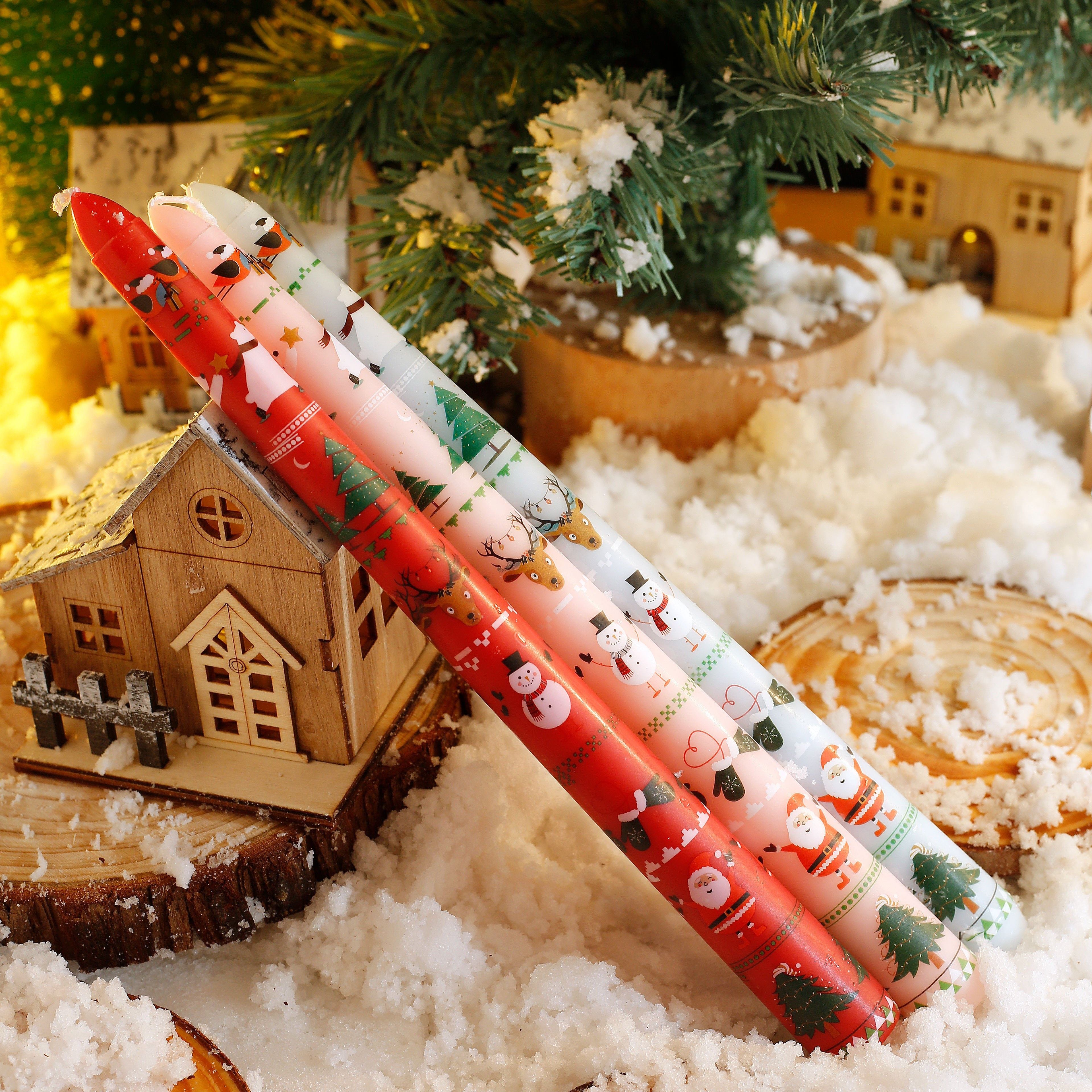 2pcs Christmas Themed Decorative Candles - 10-Inch Smokeless Single-Wick Candle Set with Santa, Snowman, Elk & Tree Patterns - Perfect for Dinner, Banquet, And Festive Ornaments