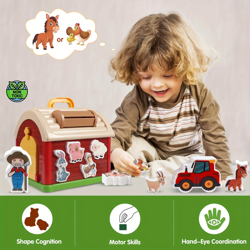 Big Red Take-Along Sorting Barn Toy with Handle, 10 Farm Play Pieces - Farm Toys, Shape Sorting & Stacking Learning Toys Christmas Birthday Gift for Youngsters Boys Girls Halloween Christmas Gift