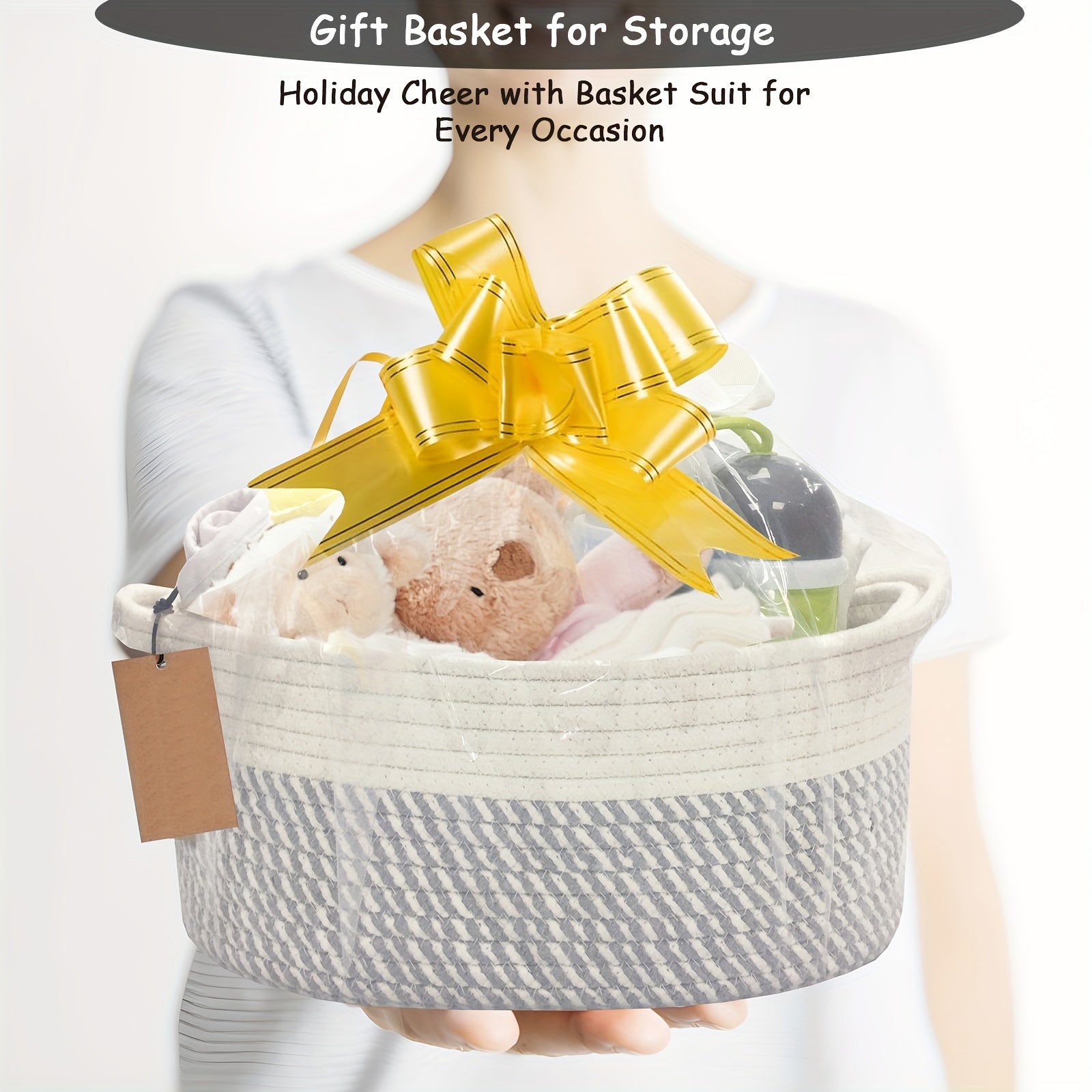2Pack Cute Small Woven Gift Basket With Handles, 1Pcs 13.8"X9"X6.1"+ 1Pcs 12.6"X8.2"X5.5", Cotton Rope Basket Room Decor, Shelf Storage Basket Chest Box Bin For Cat And Dog Toys, Empty Decorative Gift