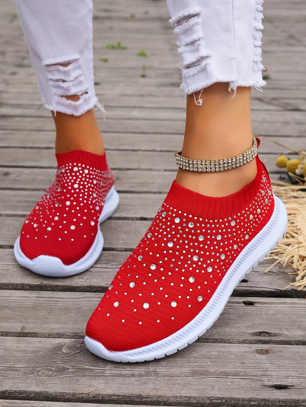 Women's Rhinestone Decor Slip-on Sneakers, Fly Woven Sports Shoes, Breathable Low Top Walking Shoes For Music Festival