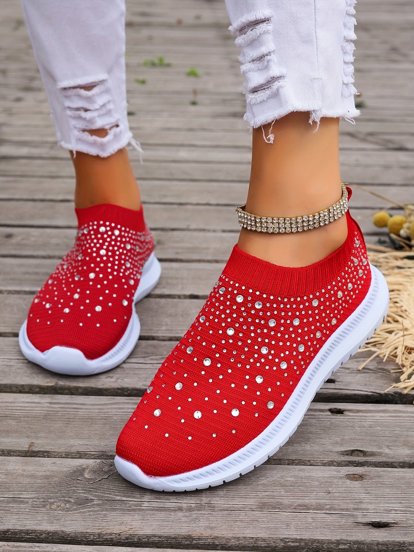 Women's Rhinestone Decor Slip-on Sneakers, Fly Woven Sports Shoes, Breathable Low Top Walking Shoes For Music Festival