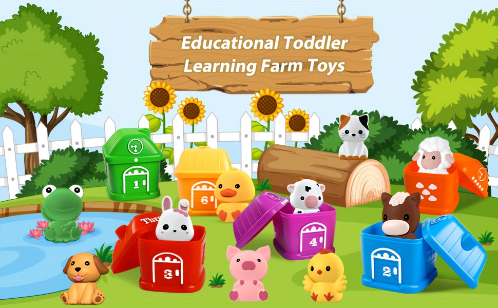 Montessori Toys For 1 2 3 Year Old Kids, 4 In 1 Farm Animals Barn Toys For Toddlers 1-3, Veenggie Sorting Set, Farm Tractor With Trailer, Stacking Toys Gift For Baby Boys Girls