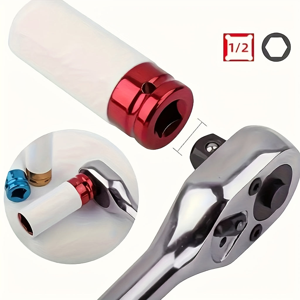 4pcs wheel hub protection hexagonal deep socket/ratchet wrench set, 1/2" drive, metric 17, 19, 21mm wheel guard six-point deep socket, 1/2" oscillating and telescopic
