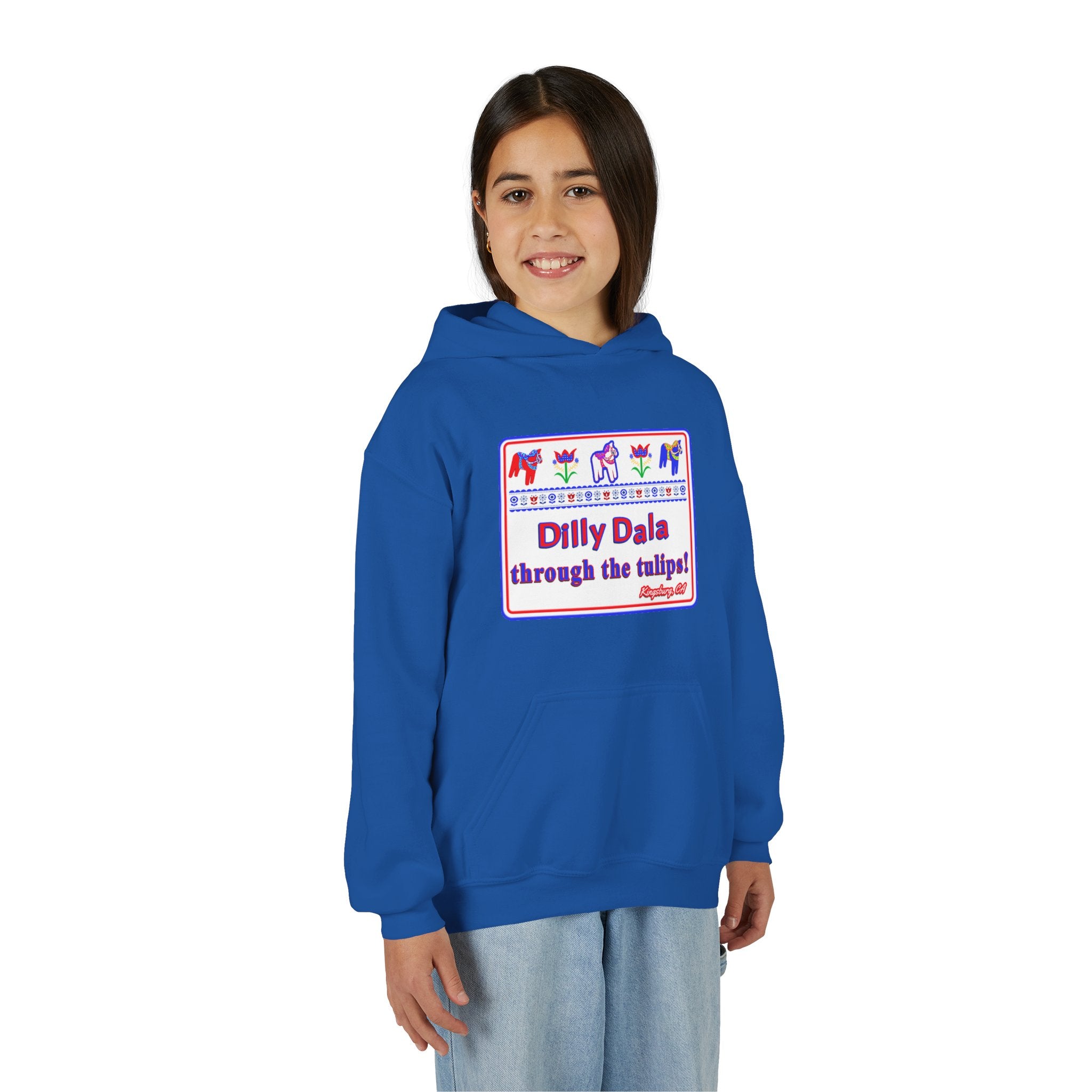 Youth Hoodie - "Dilly Dala Through the Tulips" Cute Tulip & Dala Horse Design