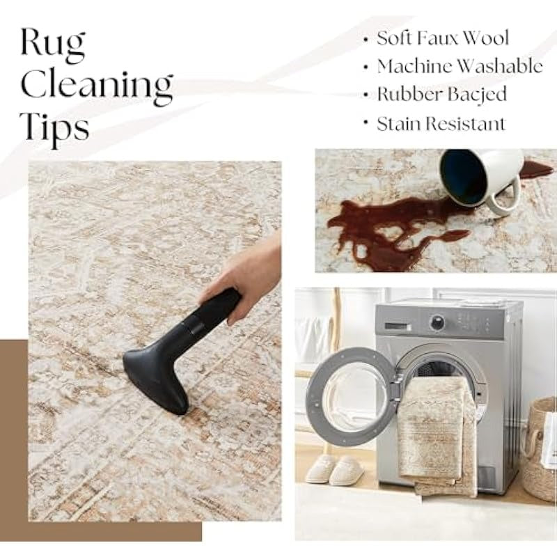 Boho Neutral Living Room Rug 5x7Washable Vintage Rustic Earth Tone Modern Farmhouse Style Easy to Clean Stain Resistant Area Rugs for Bedroom Dining Room Light Tan Brown and Beige