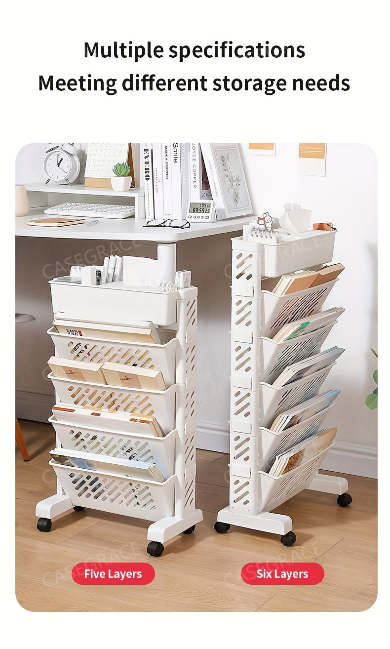 1pc Five-Level Movable Bookshelf, Desk Side Shelf, Floor Cart with Pen Holder for Office Study Supplies Storage and Document Storage