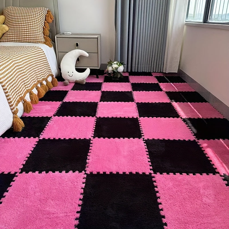 [Soft Coral Fleece Mat] 30pcs Soft Coral Fleece Checkered Area Mat - Soundproof, Black/White/Light Green - Low-Piece, Perfect for Bedroom, Living Room, Playroom, Year-Round Comfort & Style, Bedroom Floor Decor | Checkered Pat