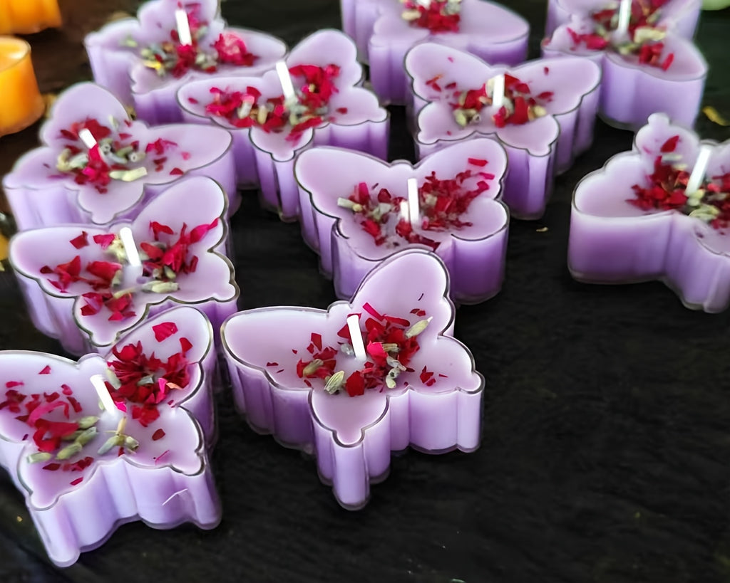 9pcs Soy Wax Butterfly Tea Light Candles in Glass Holders with Dried Flower Decorations - 4-Hour Burn Time, Lavender Scented Soy Wax for Home Decor, Weddings, Birthdays, Thanksgiving, Christmas, Valentine'S Day, Easter - Eleg