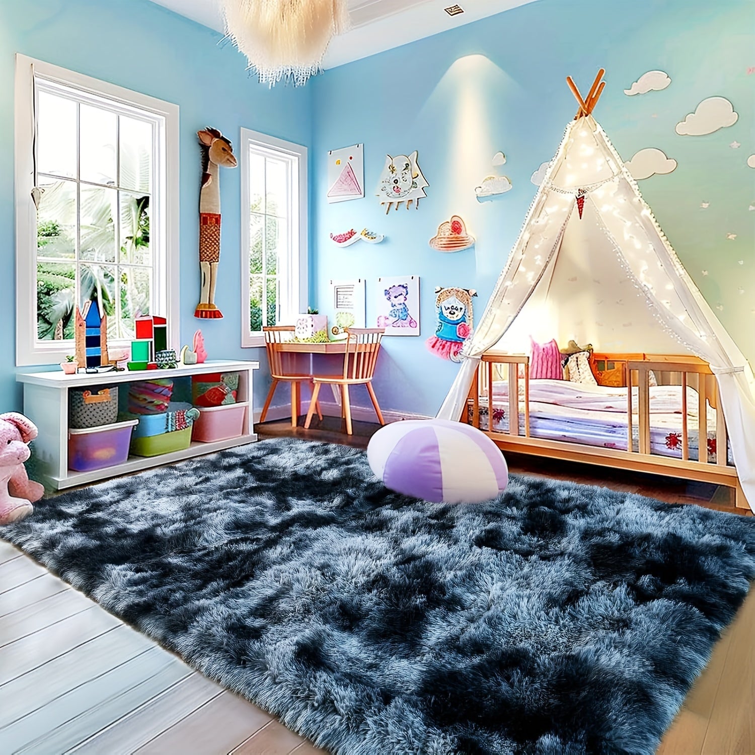 Large Area Rugs For Living Room, Tie-Dyed Shaggy Rug Fluffy Throw Carpets, Ultra Soft Plush Modern Indoor Fuzzy Rugs For Bedroom Home Decor, Tie Dyed-blue Gray