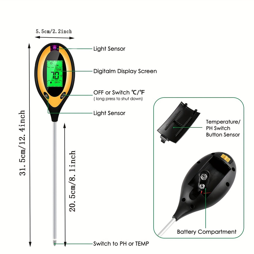 1pc 4-in-1 Soil Detector Light Temperature Soil Moisture Meter PH Value Soil Tester, Plant & Soil Monitoring
