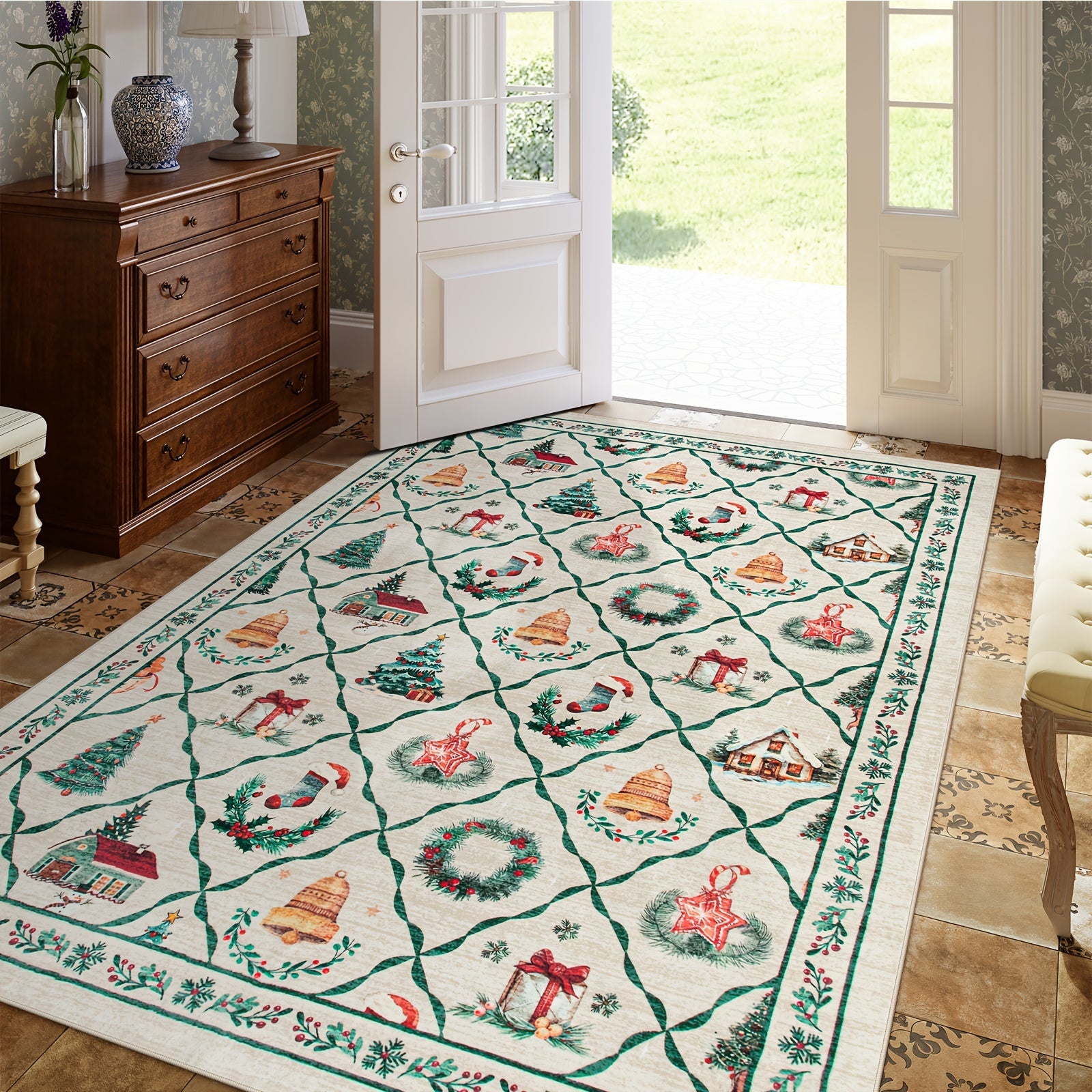 Christmas Area/Runner Rugs for Living Room, Washable Rug Carpet, Non-Slip Low Pile Soft Flowers And Plants Moroccan Holiday Xmas Decor Throw Mat for Living Room/Bedroom/Kitchen