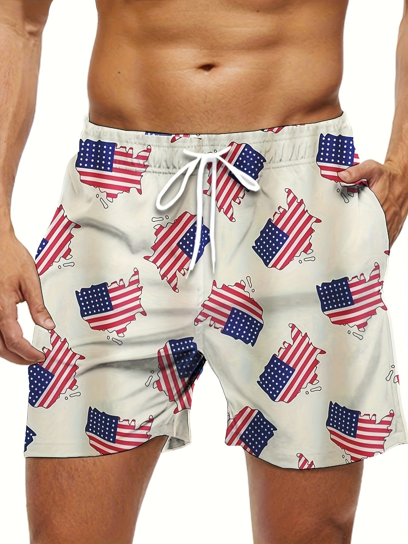 Men's Plus Size "American Flag" Graphic Shorts Beach Pants Holiday Shorts, Elastic Drawstring Sports Short Pants