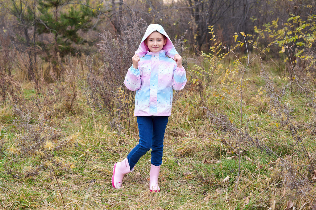 Vibrant Gradient Rain Jacket for Kids - Waterproof, Lightweight, Fleece Lined, Hooded, Windbreaker Coat with Removable Hood for Girls - Perfect for Outdoor Play and School Days