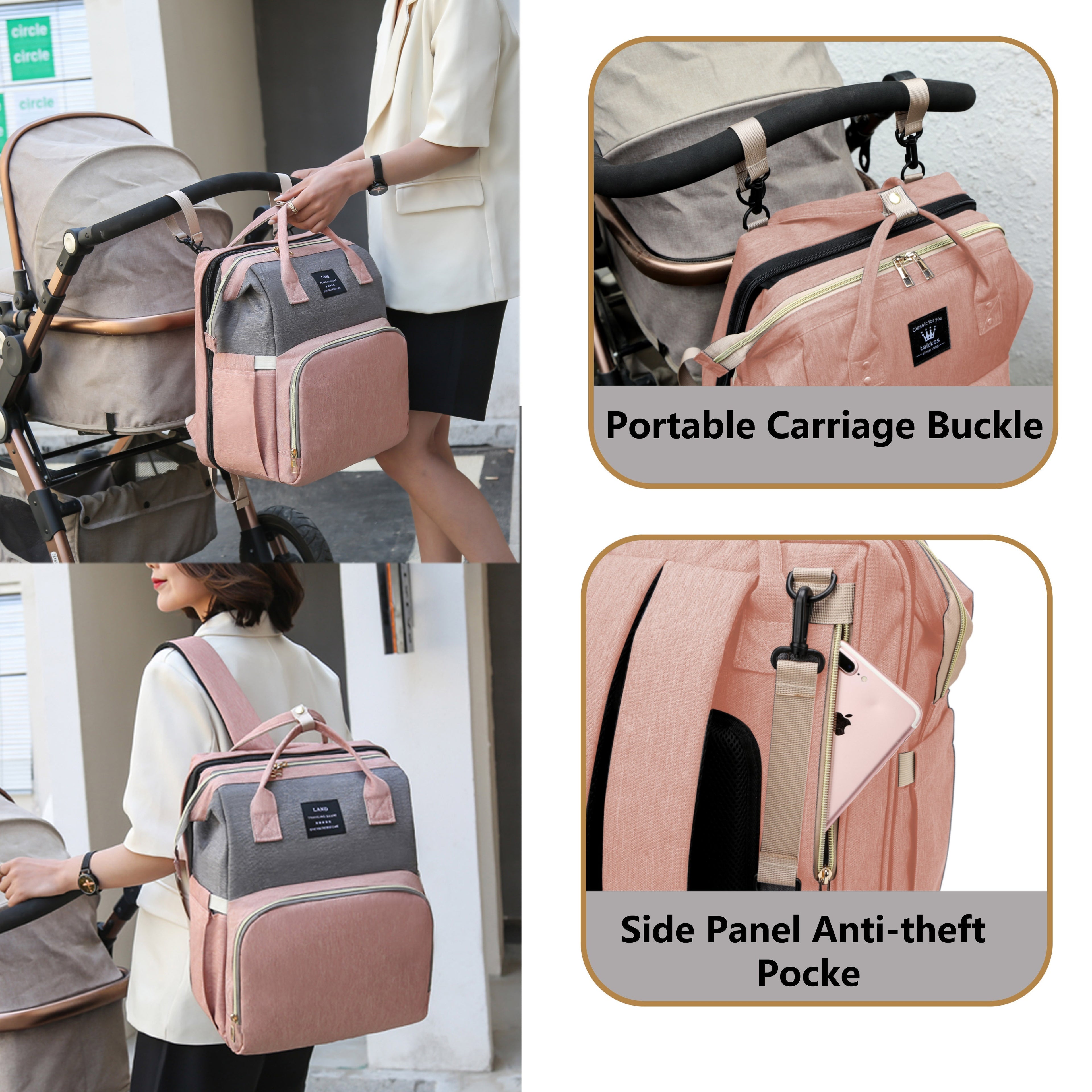 Lamroro Moire Diaper Bag Backpack, Large Capacity, Travel Backpack with Changing Station