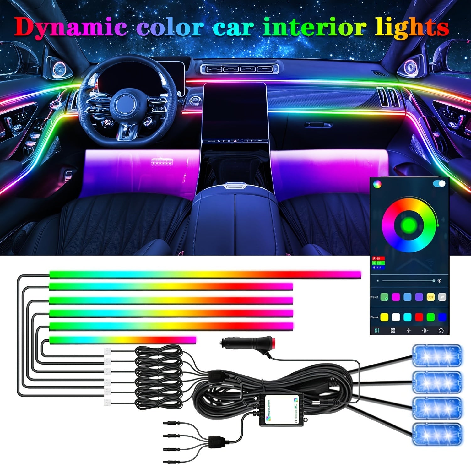10-in-1 Rainbow Universal Style Colorful RGB Symphony Car Ambient Interior LED