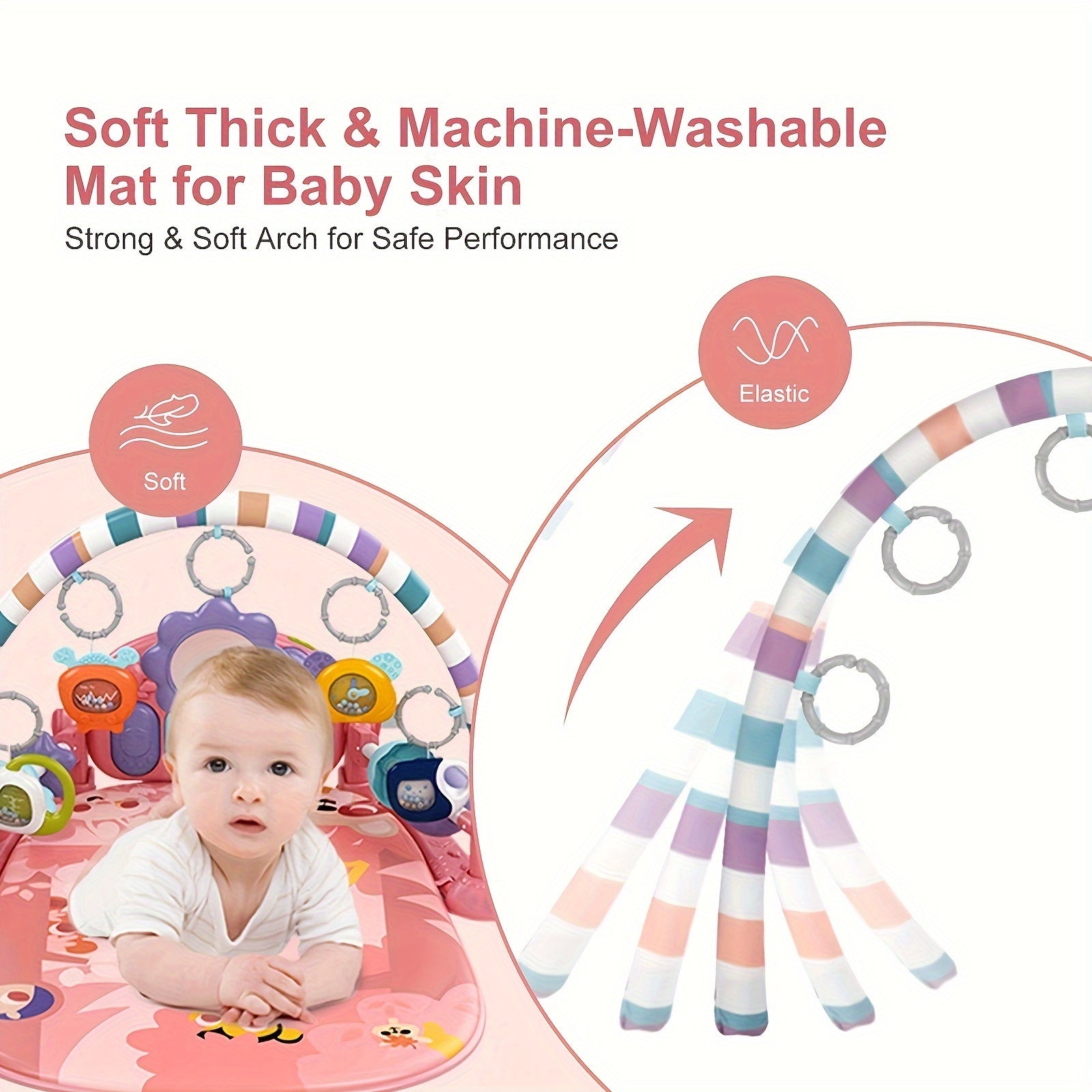 Baby Play Mat Baby Gym, Funny Play Piano Tummy Time Baby Activity Mat With 5 Infant Sensory Baby Toys & 2 Guitar Rattles, Boy & Girl Gifts For Newborn Baby 0 To 3 6 9 12 Months