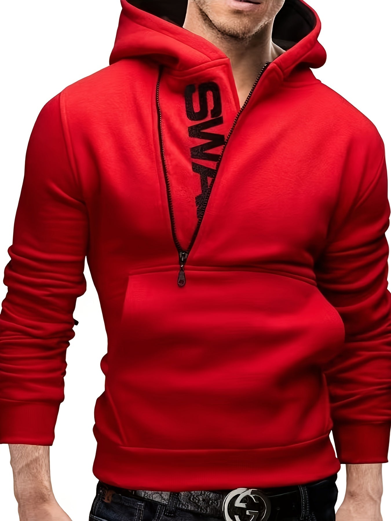 Men's Long Sleeve Letter Print Hoodie Sweatshirt with Kangaroo Pocket, Zipper Sloped Collar, Suitable for Outdoor Sports, Autumn and Winter Fashion