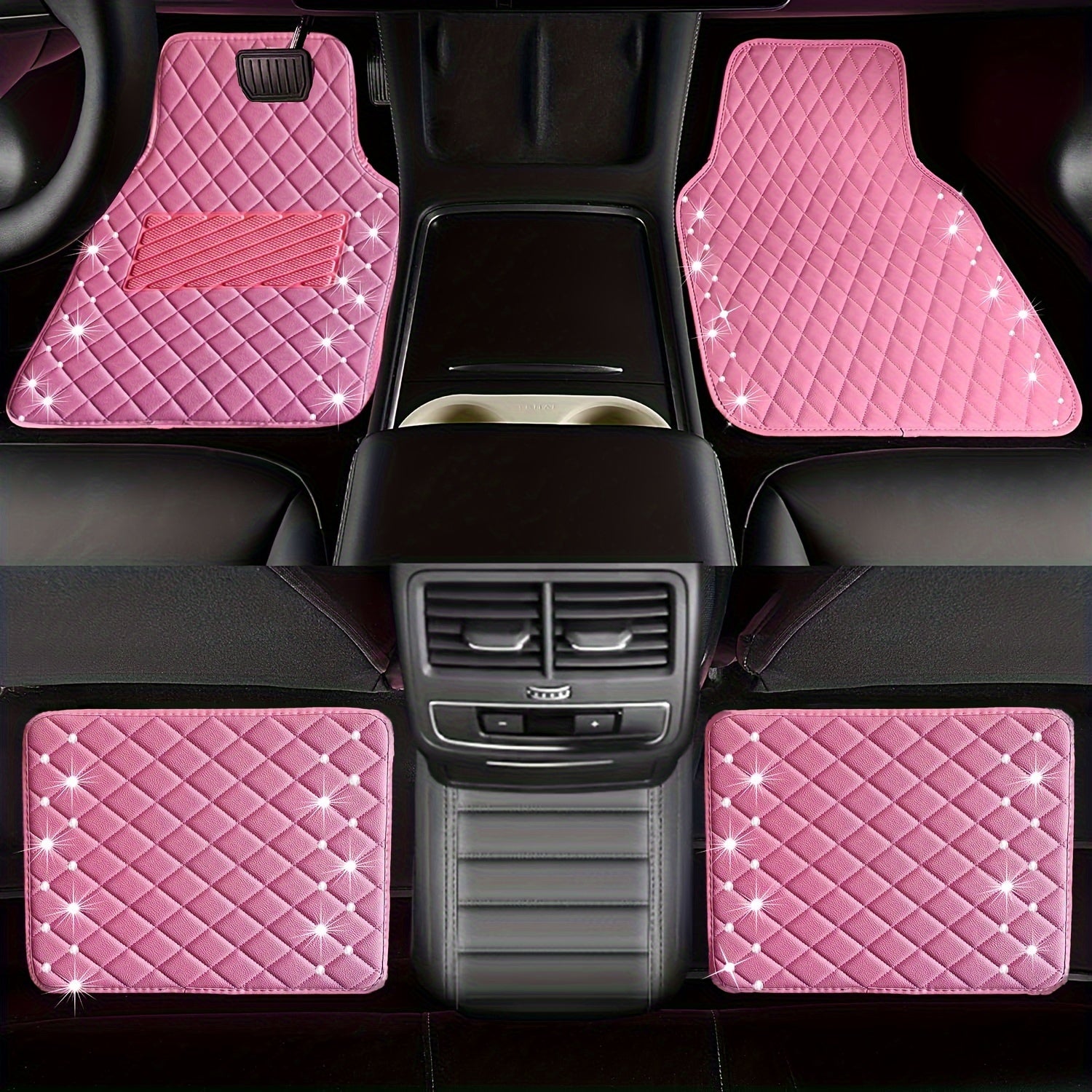 Shining Rhinestones Carpet, Bling Crystal Diamond Sparkly Glitter Car Floor Mat, pu Leather  Heel Pad Automotive Universal Fit for SUV Sedan Van, 4pcs for Girl Pink Cute Women