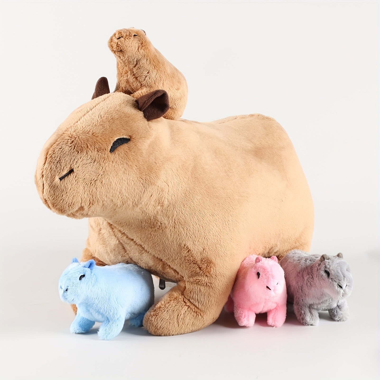Kawaii Simulation Capybara Stuffed Animal-13.38'' Mommy Stuffed Capybara with 4 Mini Capybara Stuffed Animals Inside Zipper Tummy, Stuffed Simulation Capybara Toys for Kid Christmas