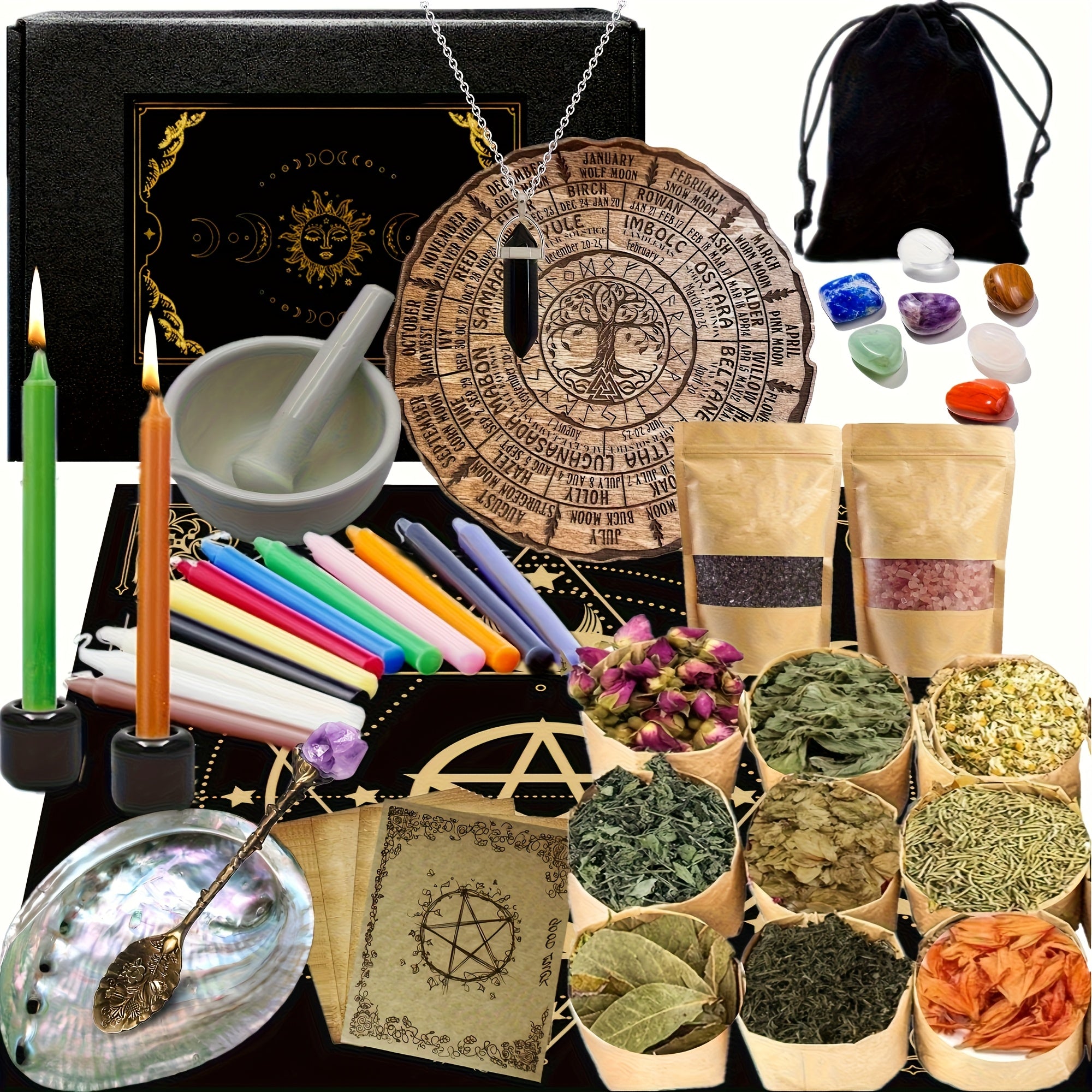 Witchcraft Kit with Grinding And Pounding Tank - Candles, Witches Crystals, Dried Flowers, Vanilla, Beginner Box Starter. Suitable for Full Moon Ceremonies And Decorative Materials for Magic. Ideal for Gifting During Black Hi
