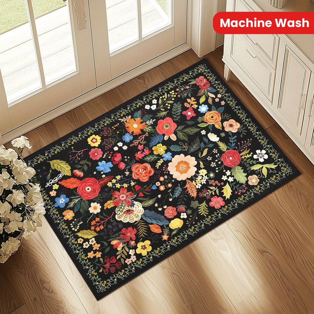 1pc Boho Floral Rugs Door Mat, Living Room and Bedroom Decoration Mat - Home Decoration -Anti-Slip, Washable Entrance Mat with Rubber Backing, Durable Polyester, Ideal for Living Room, Bathroom, Kitchen, Laundry