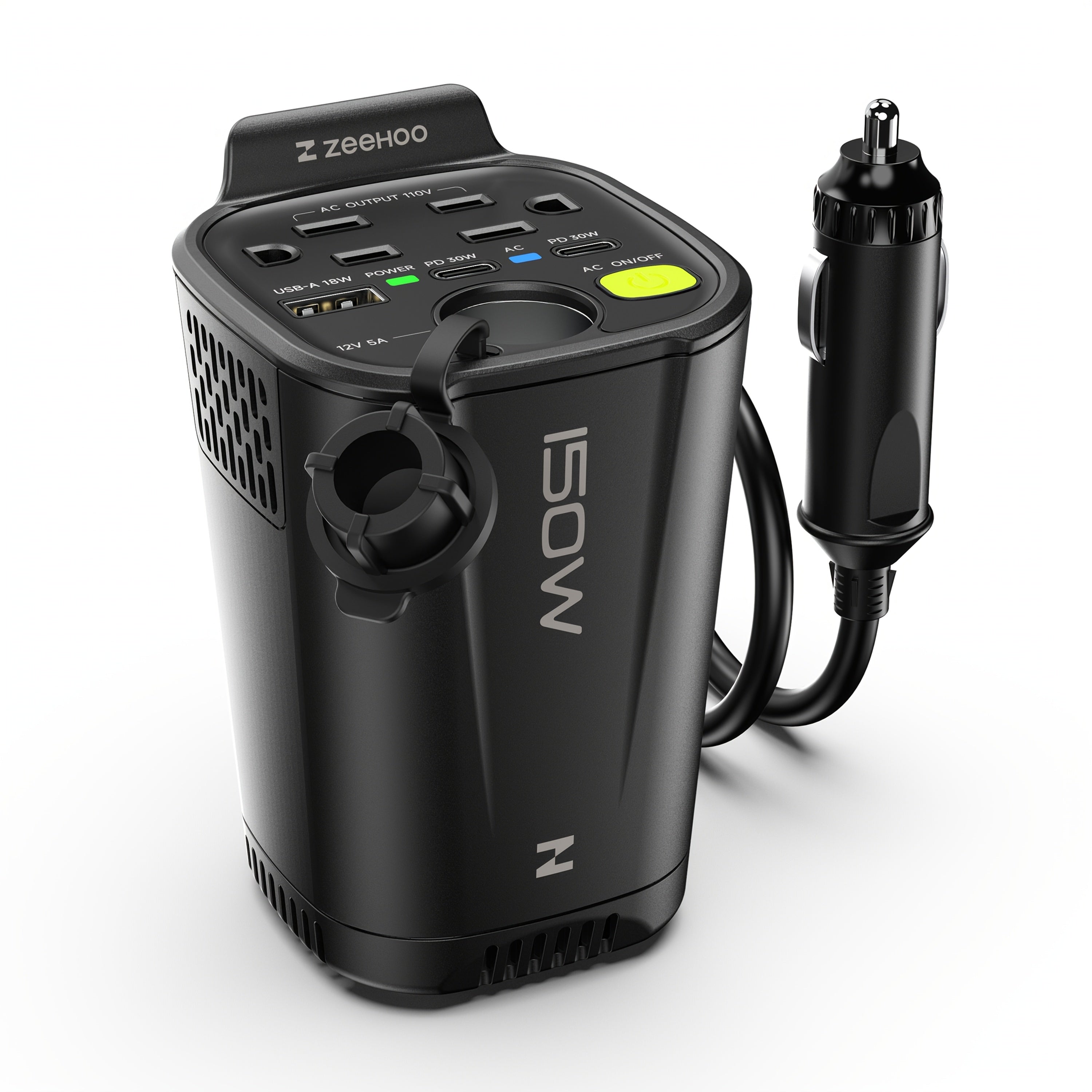 150W Car Power Inverter with 12V DC to 110V AC Car Plug Adapter Outlet Converter, 2 AC Outlets, 18W USB A, Dual 30W PD Car Charger - Heavy-Duty Black Vehicle Automotive