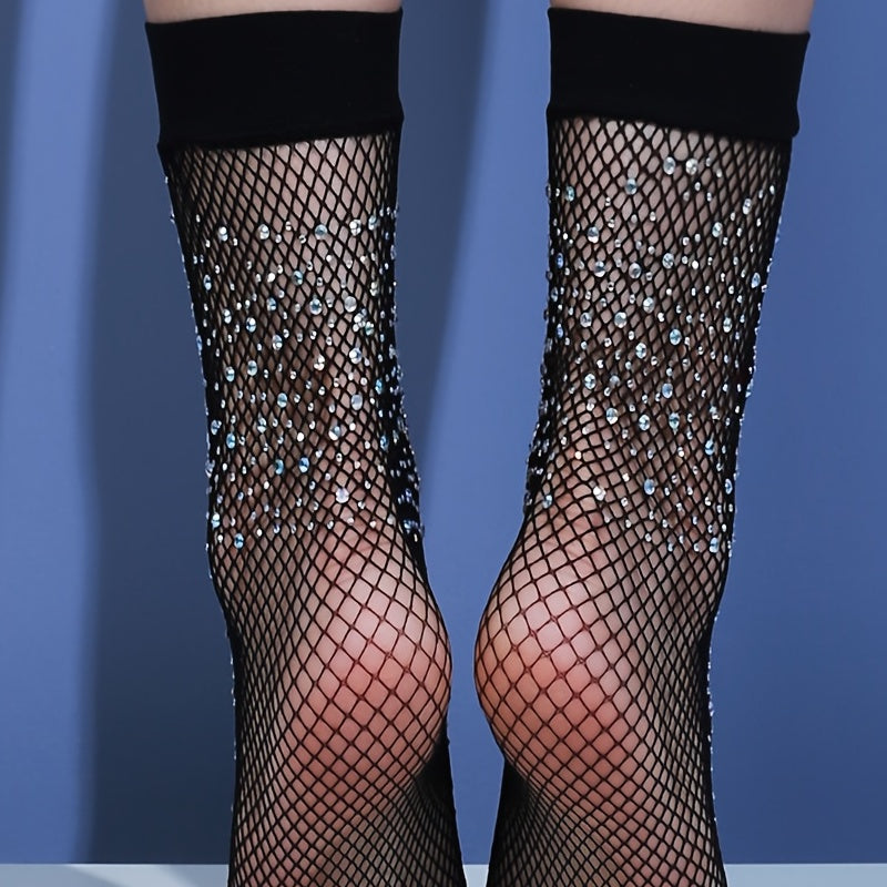 Rhinestone Black Fishnet Stockings, Sheer Fishnet Mid Tube Socks, Women's Underwear & Hosiery For Music Festival