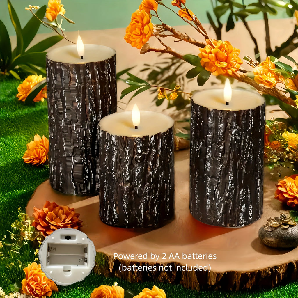 3pcs Rustic Wooden Flameless Candle Set - Artificial Tree Design, Battery Operated, Festive Tabletop Decor for Wedding, Easter, Mother'S Day, Fireplace Mantel, No Battery Included, Seasonal Celebration Decor | Natural Wood Fi