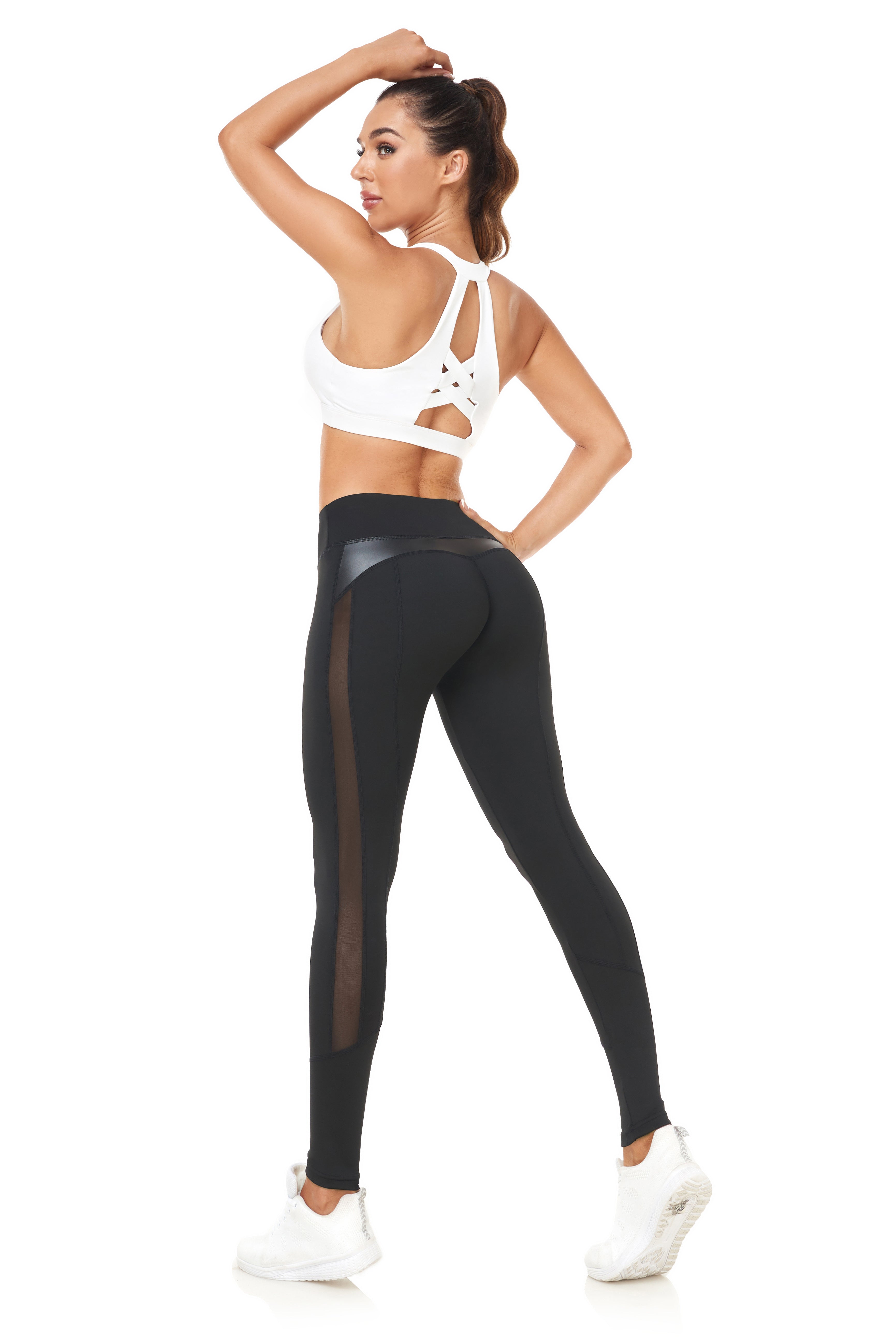 Women'S High Waist Hip Lifting Leggings, Quick Dry Polyester & Spandex Blend, Elastic Waistband, Contrast Mesh Detail, All-Season Sports Yoga Pants, Knit Fabric, 220g/m², Solid Color, Long Length