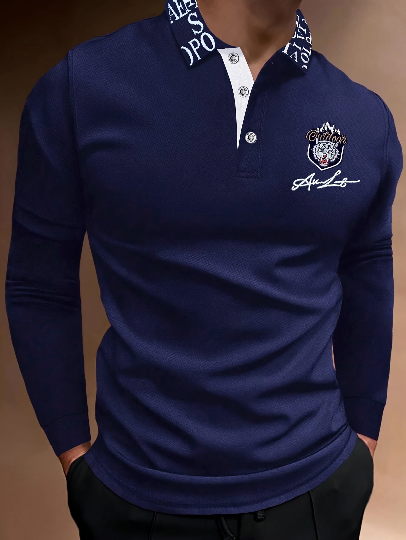 Tiger Head Anime Print Men's Casual Comfy Long Sleeve Shirt For Spring Fall, Golf Sports