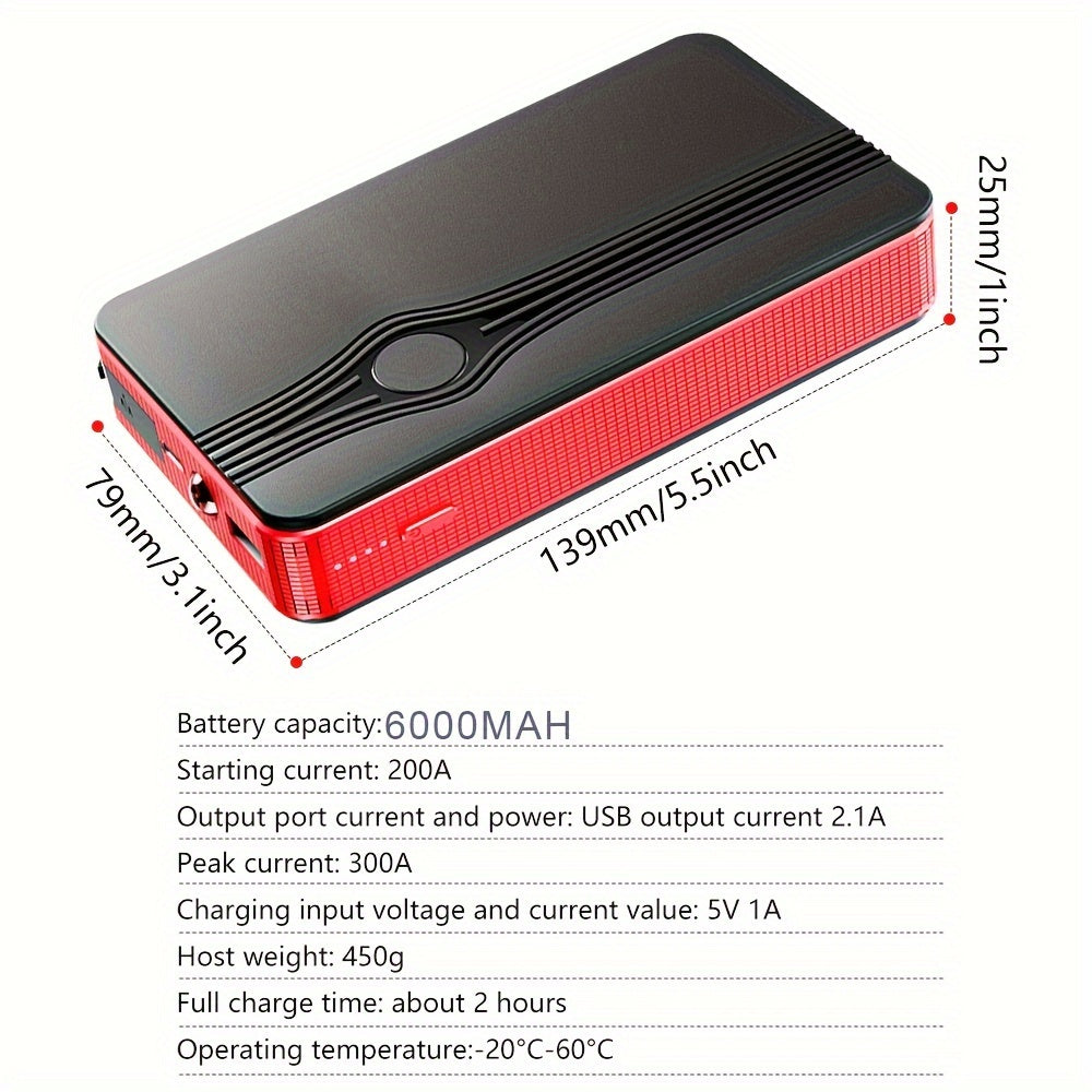6000mAh Portable Car Jump Starter - Smart Digital Display, 12V Emergency Power, Flashlight, USB-Powered, Red | Automotive Emergency Gear