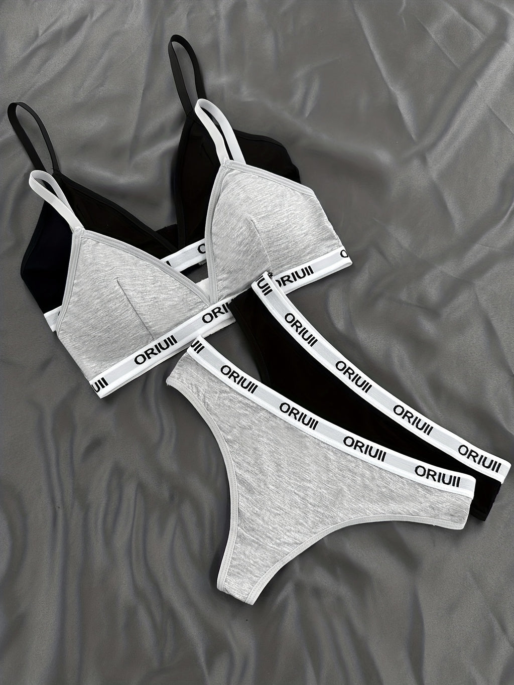 2 Sets Letter Print Bra & Panties, Wireless Sports Bra & Elastic Thong Lingerie Set, Women's Lingerie & Underwear