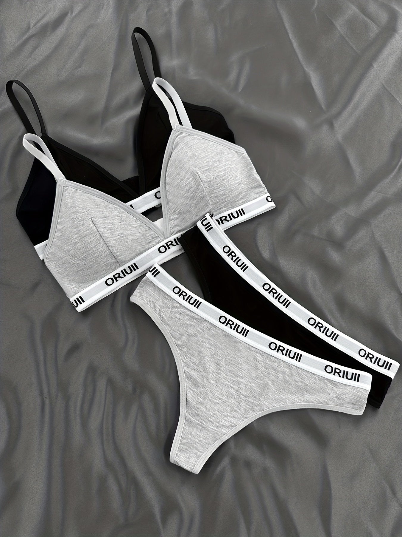 2 Sets Letter Print Bra & Panties, Wireless Sports Bra & Elastic Thong Lingerie Set, Women's Lingerie & Underwear