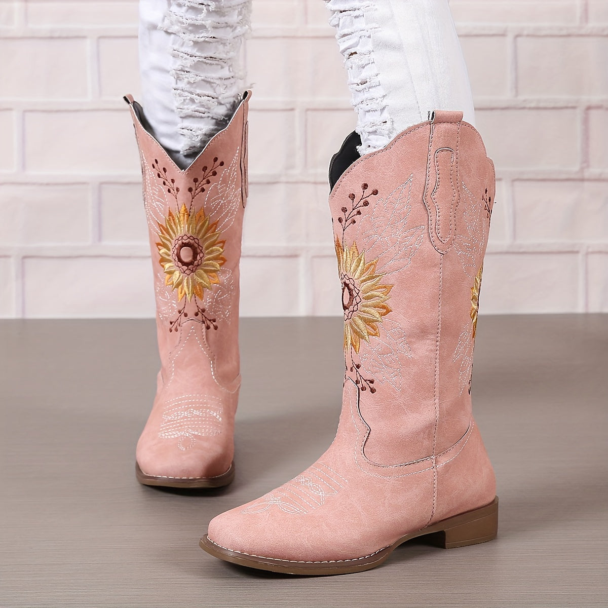 Women's Embroidered Mid Calf Western Boots, Faux Leather Fashion Boots, Women's Footwear