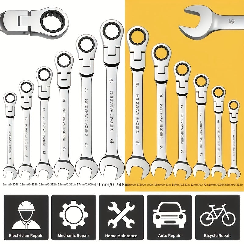 8pcs Ratchet Wrench Set | 72 Teeth 180° Flexible Head | CR-V Chrome Vanadium Steel Rust-Resistant and Durable | Includes Drawstring Bag for Storage | Suitable for Automotive/Home DIY Repair