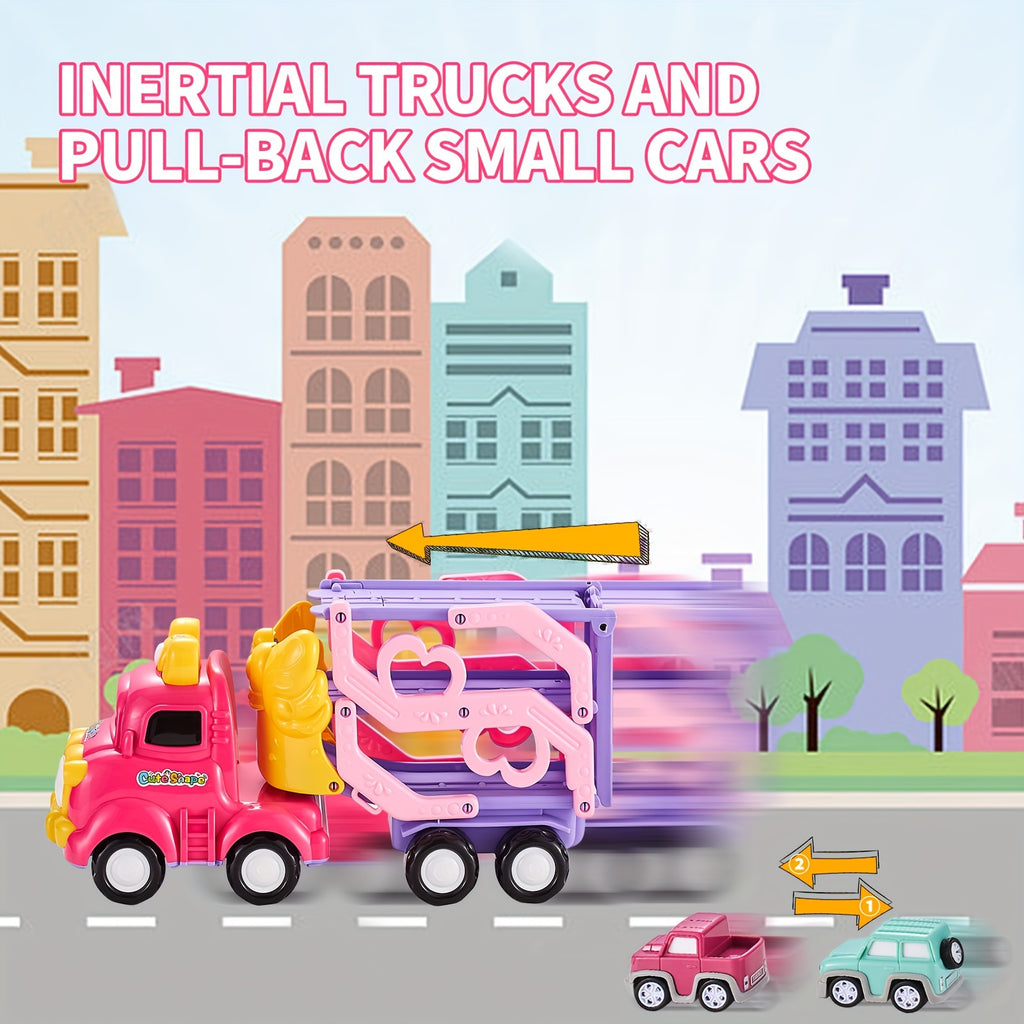 Toddler Car Toys 7-in-1 Pink Princess Foldable Transport Carrier Trucks For Baby | Lights & Music | 3 Layer Transformable Carriage Set | (Bowknot)