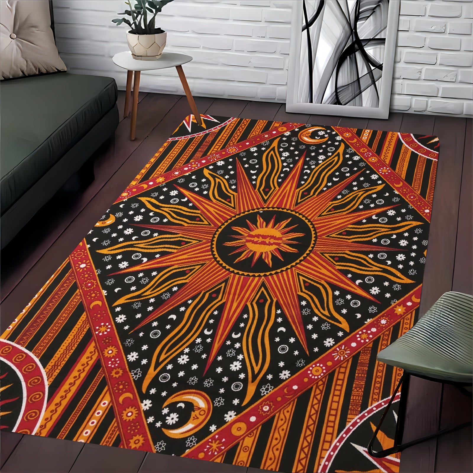 Sun and Moon Pattern Area Rugs: Non-slip, Soft, and Comfortable Polyester Fiber Mat for Living Room, Bedroom, Office, and Outdoor Use - Machine Washable, Anti-fatigue, and Waterproof