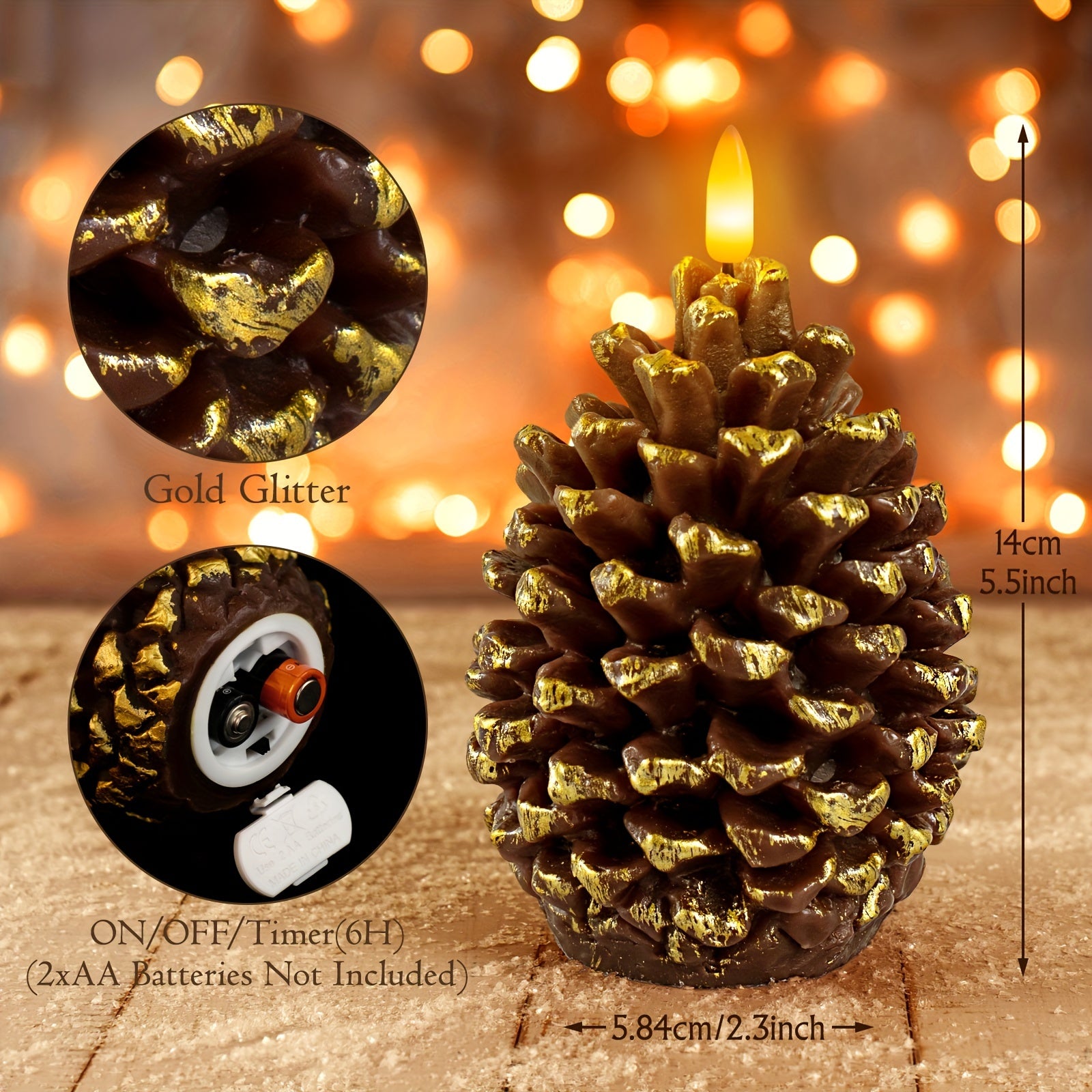 Pine Cone Flickering Flameless Candles, Battery Operated Real Wax LED Candles With 6H Timer For Christmas Home Party Decoration Set Of 2, Brown (D3.5 X H5.5 Inch)