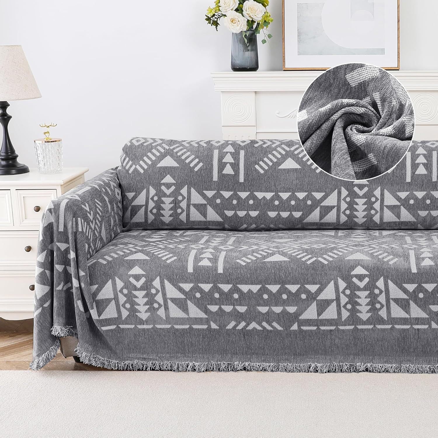 1pc Boho Chenille Couch Cover Sofa Covers for Dogs Gray Throw Couch Cover for Cushion Couch Sofa Slipcover Couch Covers for Sectional Couch Protector Cover PRINCEDECO