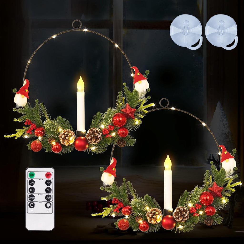 2-Pack ASPMIZ Traditional Christmas Wreaths with LED Lighted Taper Candles, Remote Control, Berries, Pine Cones - Wall Hanging Decor for Holiday, Winter - Plastic, Requires 2 AA Batteries (Not Included)