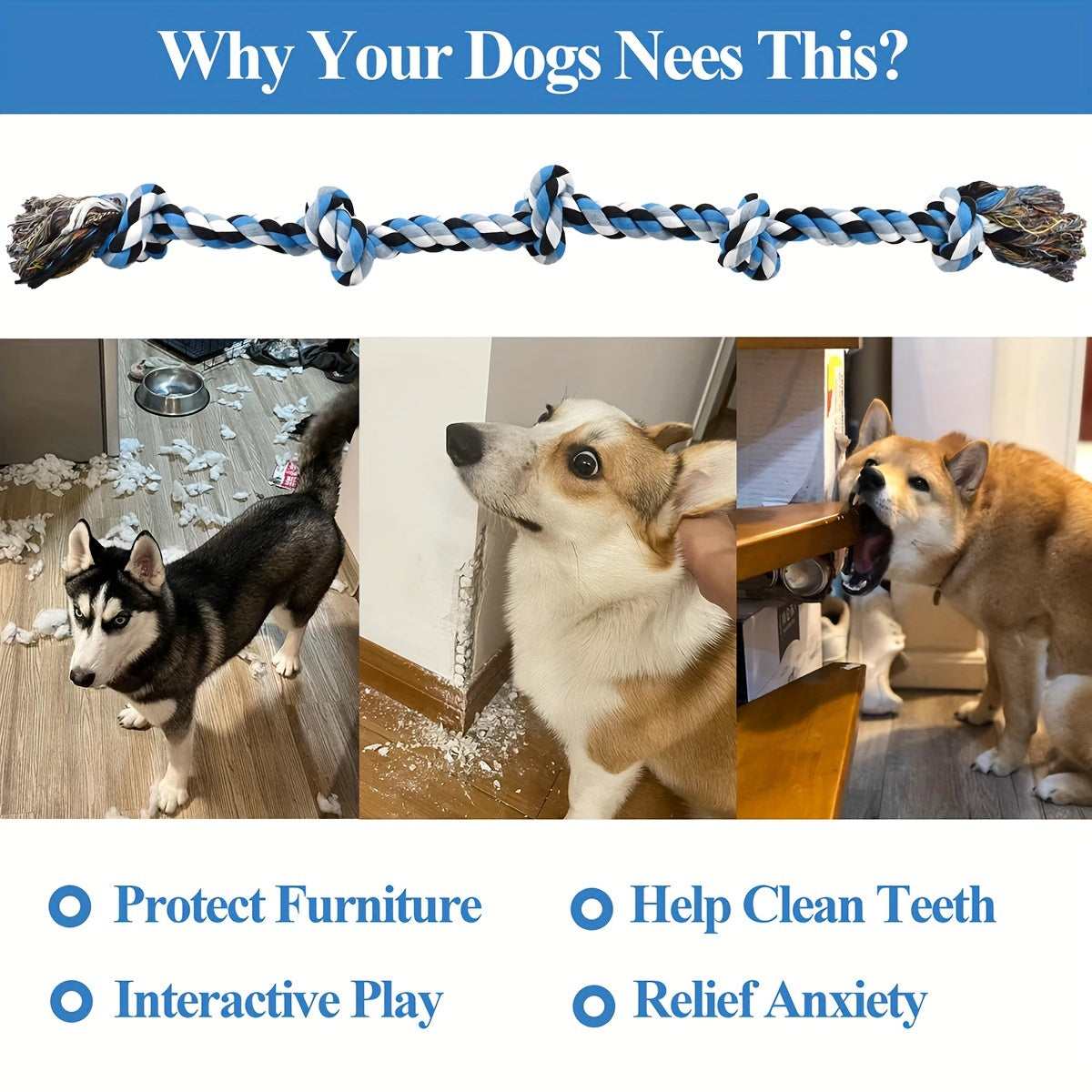 Durable Polyester Dog Rope Toys, Tough Chewable Tug Rope, for Aggressive Chewing, Teeth Cleaning, Tether Ball for Large Breeds, Heavy-Duty Play and Exercise