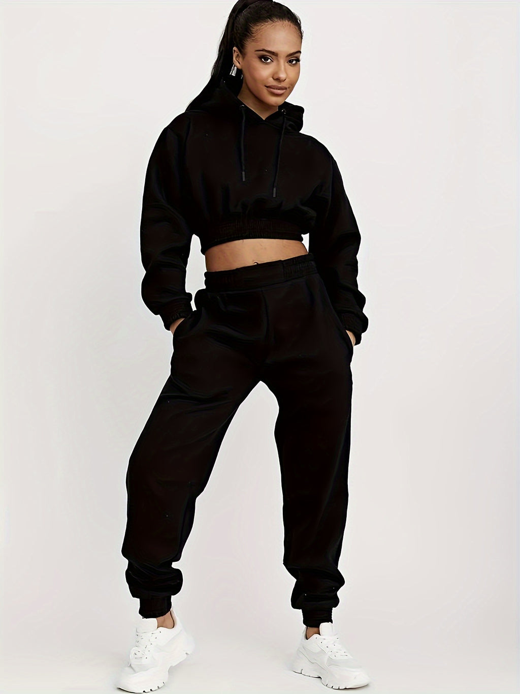 2pcs Plain High Stretch Sporty Suit, Long Sleeves Drawstring Hooded Sweatshirt & Jogging Pant Sports Set, Women's Activewear