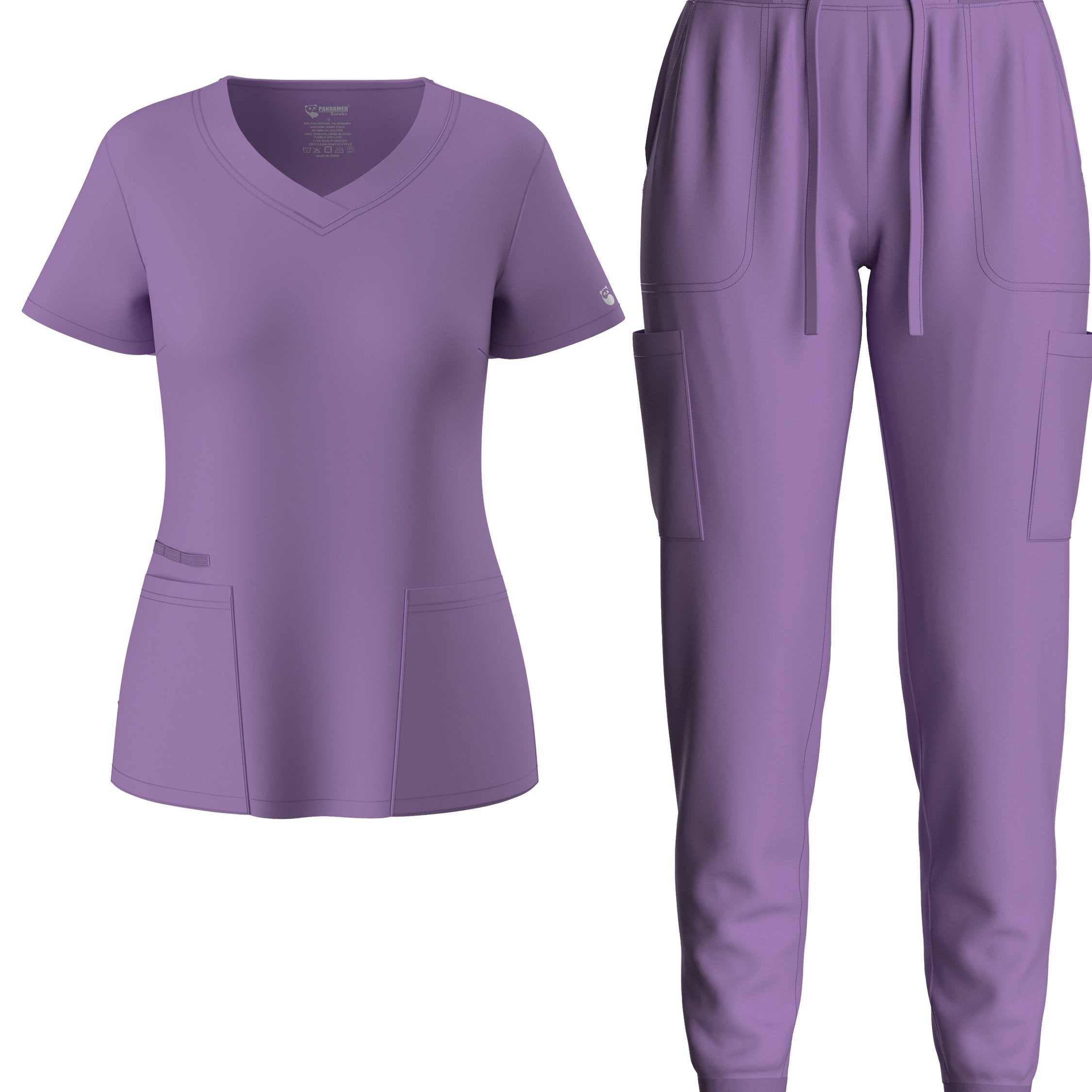 two-piece Elegant Two-Piece Scrub Set for Women: Short Sleeve V Neck Top & Drawstring Pants
