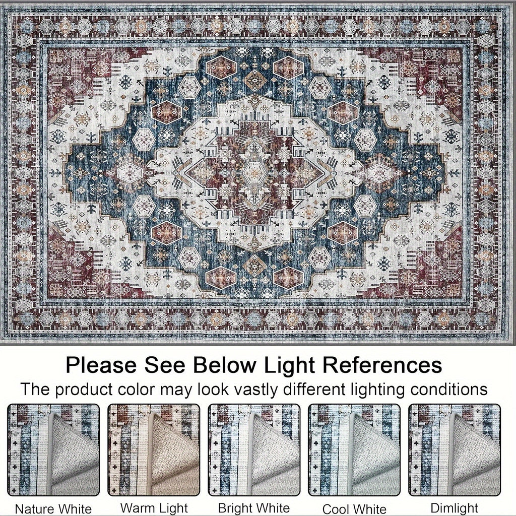 Washable Rug Living Room Rugs: 8x10/9x12 Area Rug Large Boho Medallion Distressed Carpets Indoor Soft Floor Anti Slip Carpet For Under Dining Table Bedroom Farmhouse Home Office - Red/Blue