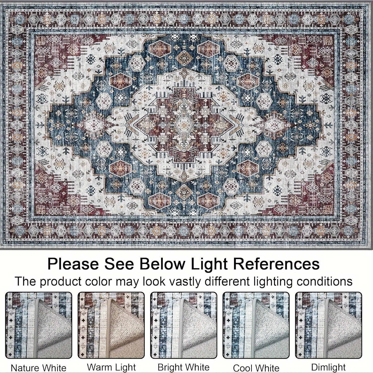 Washable Rug Living Room Rugs: 8x10/9x12 Area Rug Large Boho Medallion Distressed Carpets Indoor Soft Floor Anti Slip Carpet For Under Dining Table Bedroom Farmhouse Home Office - Red/Blue
